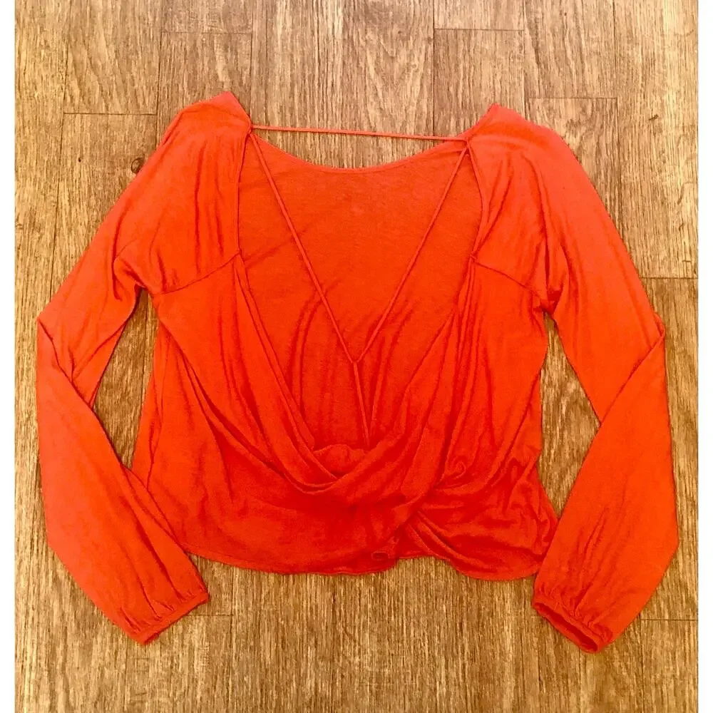 Free People Orange Long Sleeve Open Back Criss-Cross Strap Blouse Size XS